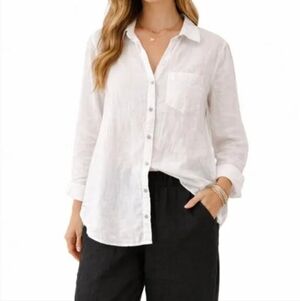 Sigrid Olson White Linen Beachy Coastal Resort Button Down Shirt Size L